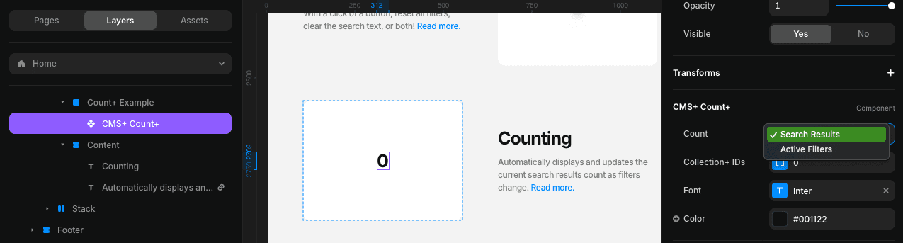Dropdown menu for Count+ that defines what it's going to count