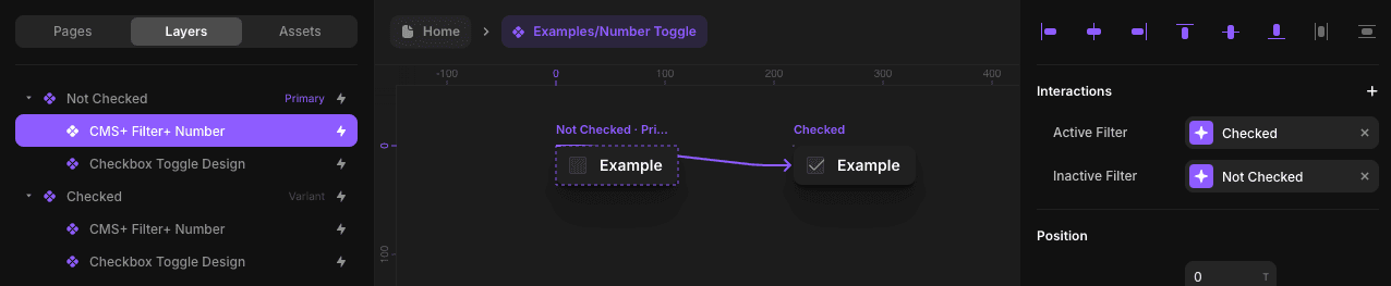 Toggle example showing the unique interaction set for CMS+ Filter+ Number component