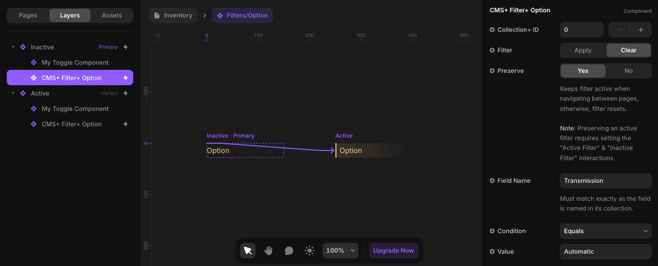 Example toggle component with CMS Plus Filter+ Option showing the primary variant set to clear the filter